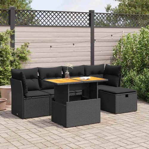 6 részes fekete polyrattan akácfa kerti ülőgarnitúra párnákkal