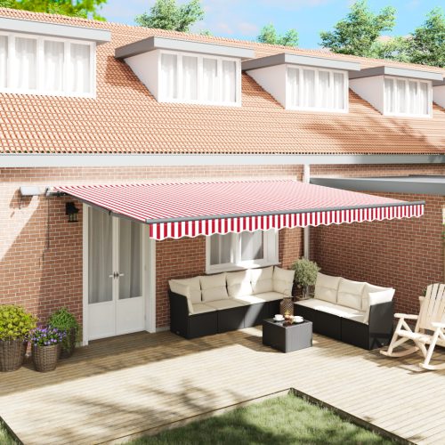 Kézi Behúzható Napernyő LED Piros és Fehér Csíkos 500x300 cm