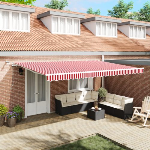 Automatikus Behúzható Napellenző LED-del, Piros Fehér Csíkos 500x350 cm