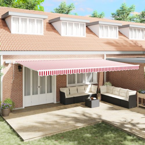 Kézi behúzható napellenző LED világítással, piros és fehér csíkos, 600x300 cm