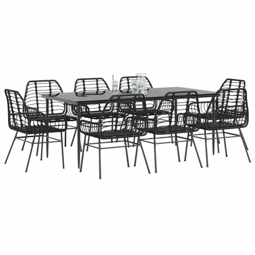 9 részes fekete polyrattan üveg kerti étkezőgarnitúra