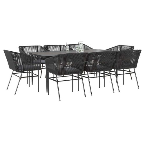 9 részes fekete polyrattan üveg kerti étkezőgarnitúra párnákkal