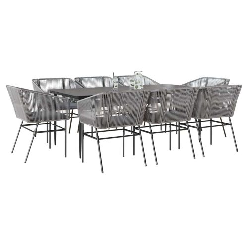 9 részes szürke polyrattan üveg kerti étkezőgarnitúra párnával