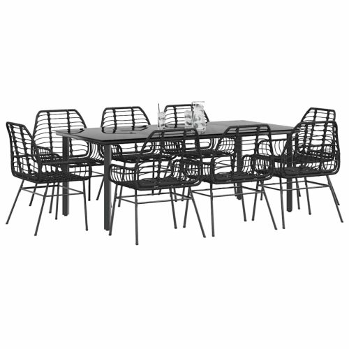 9 részes fekete polyrattan üveg kerti étkezőgarnitúra