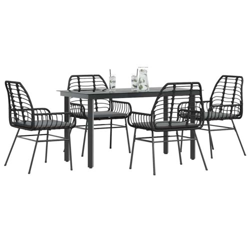 5 részes fekete polyrattan üveg kerti étkezőgarnitúra párnákkal
