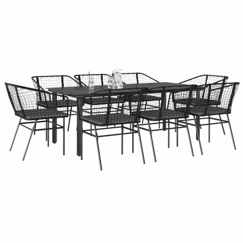 9 részes fekete polyrattan üveg kerti étkezőgarnitúra párnákkal