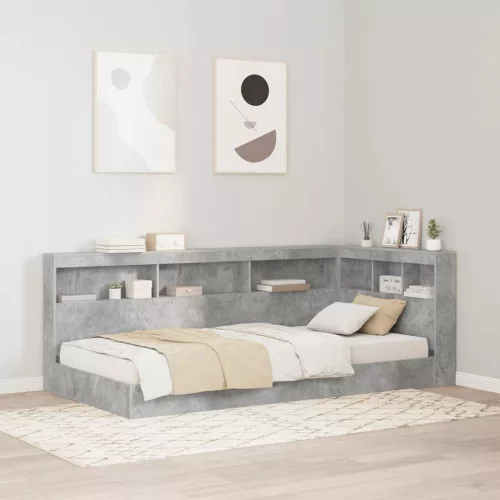 vidaXL Könyvespolcos Ágy fejtámlával Beton Szürke 75 x 190 cm Faanyag