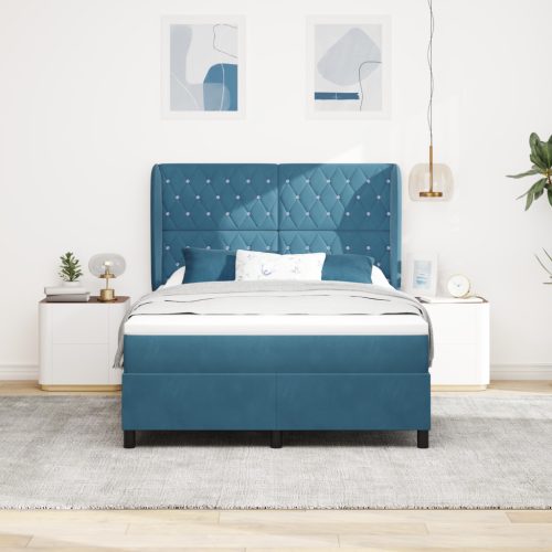 Boxspring Ágy Matraccal Sötét Kék - 140x200 cm - Bársony