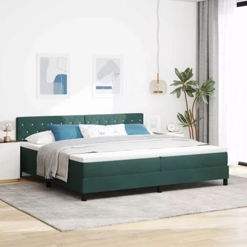 vidaXL LED Box Spring Ágy matracmal Sötétzöld 200 x 200 cm Bársony