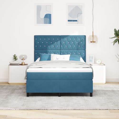 Box Spring Ágy Matrac és LED Sötétkék 140x190 cm Bársony