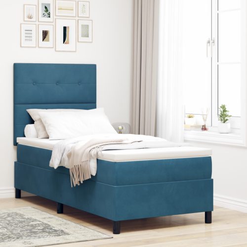 Box Spring Ágy Matrac & LED Sötét Kék 90x200 cm Bársony