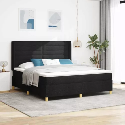 vidaXL Boxrugós ágy LED szalagokkal Fekete 180 x 200 cm szövet