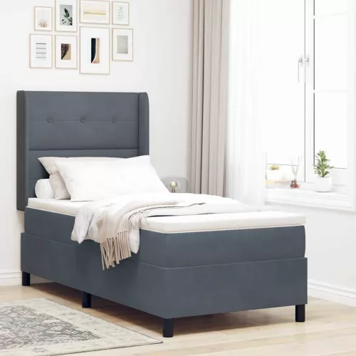 vidaXL Boxrugós ágy matracmal leddel Sötétszürke 90 x 190 cm Bársony