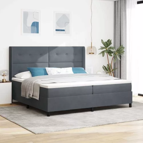 vidaXL Boxrugós ágy matracmal leddel Sötétszürke 200 x 200 cm Bársony