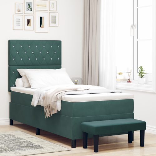 Boxspring ágy matraccal és paddal, sötétzöld, 90x200 cm, bársony