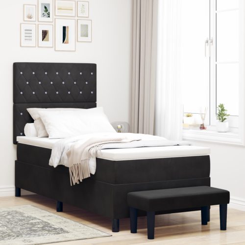 Boxspring Ágy Matraccal és Padokkal Fekete 100x200 cm Bársony