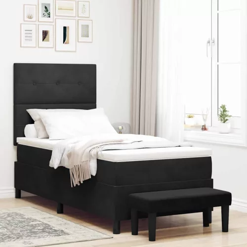 vidaXL Boxrugós ágy párnával fejtámlával Fekete 190 x 90 cm Bársony