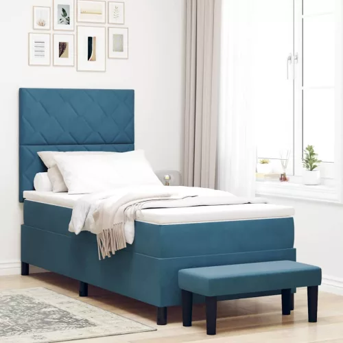 vidaXL Boxrugós ágy fejtámlával Sötétkék 200 x 100 cm Bársony