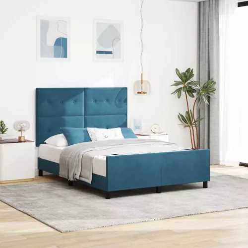vidaXL Boxrugós ágy fejtámlával Sötét kék 140 x 190 cm Bársony