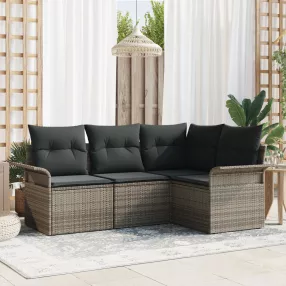   Kerti Kanapé Szett 4 db Szürke Poliészter párnák és rattan váz