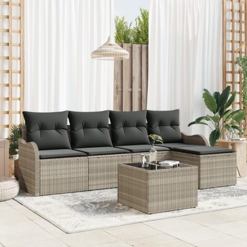 6 darabos kerti kanapé szett párnákkal, szürke poli rattan, 2 személyes kerti kanapé párnákkal, világosszürke poli rattan