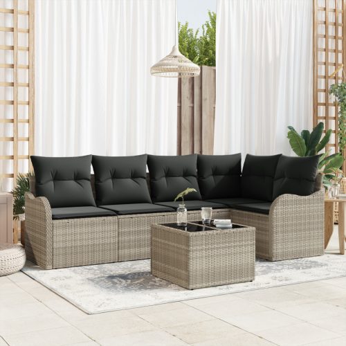 6 darabos kertibútor szett párnákkal szürke poly rattan, 2 személyes kertibútor párnákkal világosszürke poly rattan