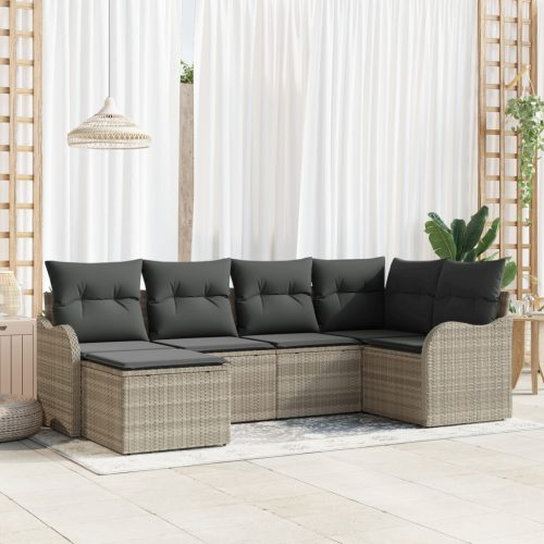6 darabos kertibútor szett párnákkal világosszürke poli rattan, 2-személyes kertibútor párnákkal világosszürke poli rattan