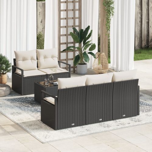 6 részes kerti kanapé szett párnákkal fekete rattan, 2 személyes kerti kanapé párnákkal fekete rattan