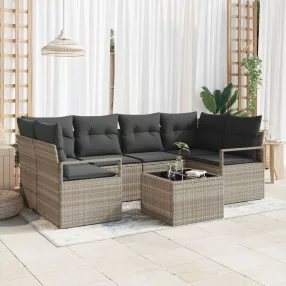   7 részes kerti kanapészett párnákkal világosszürke poli rattan, 2 üléses kerti kanapé párnákkal szürke poli rattan