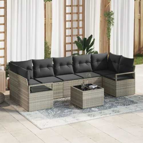 8 darabos Kert Sofa Szett Párnákkal Világosszürke Poli Rattan, 2-Személyes Kert Sofa Párnákkal Szürke Poli Rattan