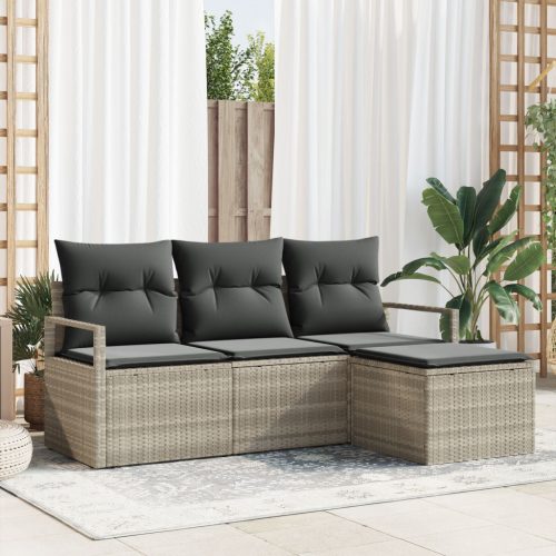 4 részes kert kanapé szett párnákkal, világosszürke, poli rattan, 2 személyes kert kanapé párnákkal, szürke, poli rattan
