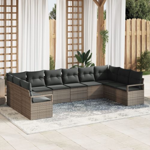 10 darabos kerti kanapé szett párnákkal Szürke Poly Rattan, 2 üléses kerti kanapé párnákkal Szürke Poly Rattan