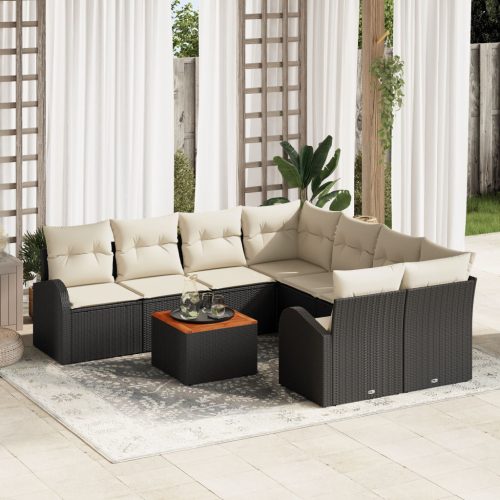 9 darabos Kert Sofa Készlet Párnákkal Fekete Poli Rattan Akác