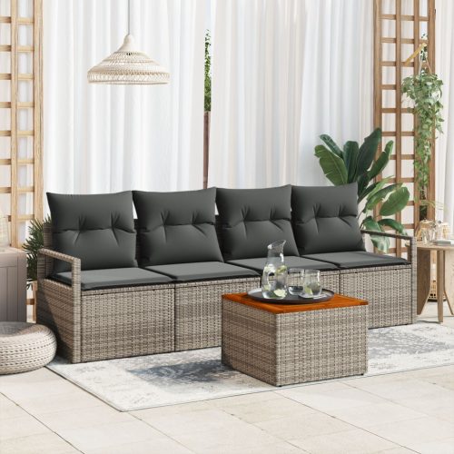 5 részes Kerti Kanapé Készlet párnákkal, Szürke Poli Rattan Akáciával, 2 személyes kerti kanapé párnákkal, Szürke Poli Rattan