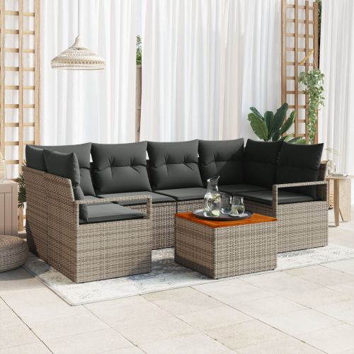 7 darabos kerti kanapészett párnákkal szürke poli rattan akác, 2 személyes kerti kanapé párnákkal szürke poli rattan