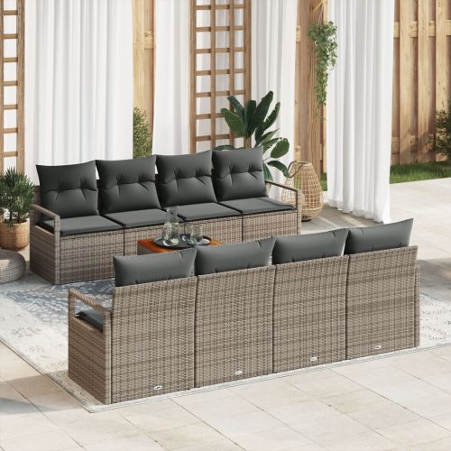 9 Darabos Kerti Kanapé Szett Párnákkal Szürke Poli Rattan Akáciával, 2-Fős Kerti Kanapé Párnákkal Szürke Poli Rattan
