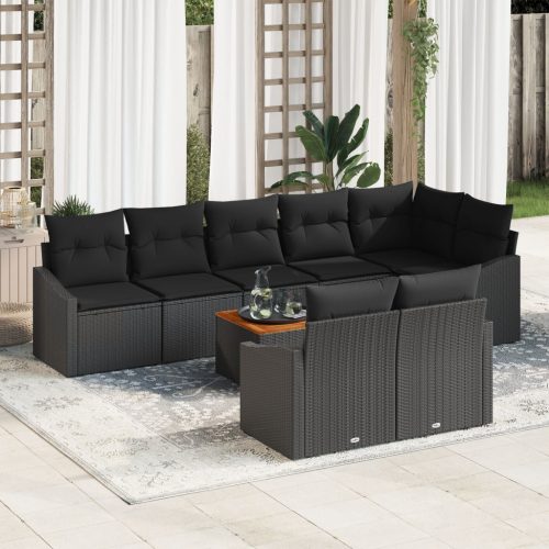 9 Darabos Kerti Sofa Szett Párnákkal Fekete Poli Rattan Akáciából
