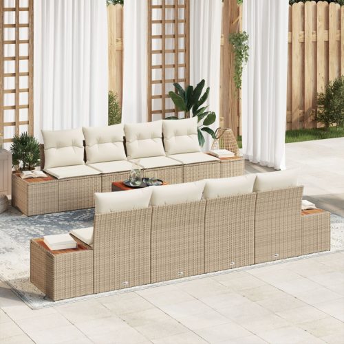 9 részes Kerti Sofa Szett Párnákkal Bézs Poli Rattan Akáciából