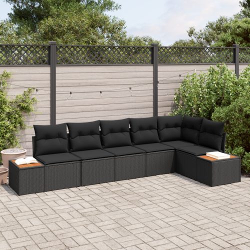 6 Darabos Kert Kanapé Szett Párnákkal Fekete Poli Rattan Acacia