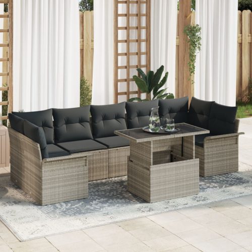 8 darabos kerti kanapé szett párnákkal, világosszürke poly rattan