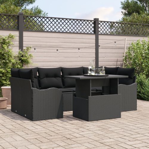 7 részes kerti kanapészett párnákkal, fekete poli rattan, 2 fős kerti kanapé párnákkal, fekete poli rattan