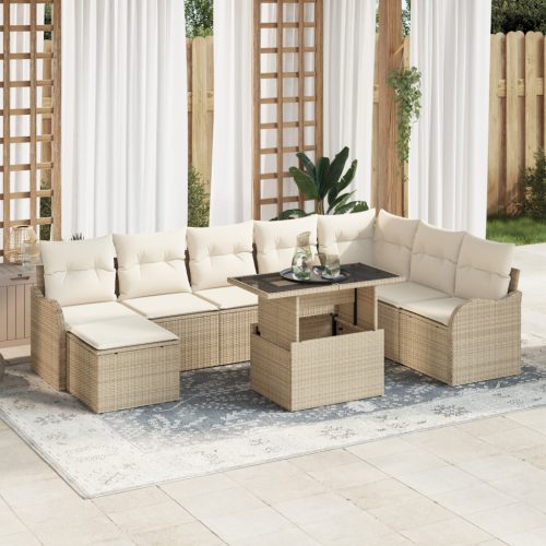9 Részes Kert Sofa Szett Párnákkal Bézs Poli Rattan, 2-Fős Kert Sofa Párnákkal Bézs Poli Rattan