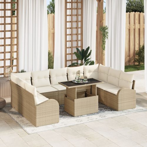10 darabos kerti sofa készlet párnákkal, bézs, poli rattan