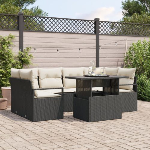 7 Részes Kerti Kanapé Szett Párnákkal Fekete Poly Rattan, 2-üléses Kerti Kanapé Párnákkal Fekete Poly Rattan