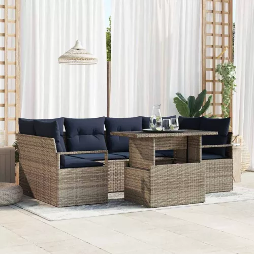 vidaXL Kerti Kanapé Szett párnával 7 pcs szürke és sötétkék polirattan