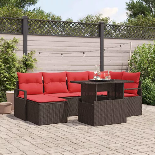 vidaXL Kerti Kanapé Szett tárolóval 7 pcs Barna és Piros Poli rattan