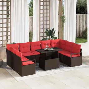   vidaXL Kerti Kanapé Szett tárolóval 10 pcs Barna és Piros Poli rattan