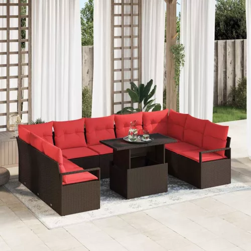 vidaXL Kerti Kanapé Szett tárolóval 10 pcs Barna és Piros Poli rattan