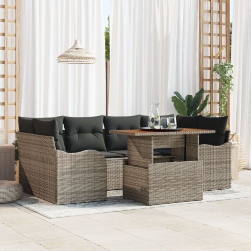7 Részes Kerti Sofa Szett Párnákkal Szürke Poli Rattan Akácia, 2-Személyes Kerti Sofa Párnákkal Szürke Poli Rattan