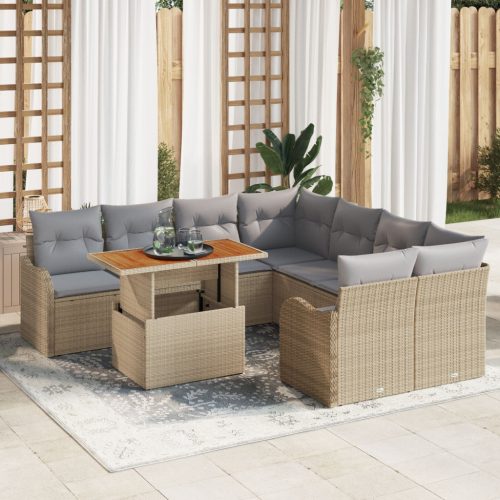 9 Darabos Kerti Kanapé Szett Párnákkal Bézs Poly Rattan Akácia, 2-Fős Kerti Kanapé Párnákkal Bézs Poly Rattan